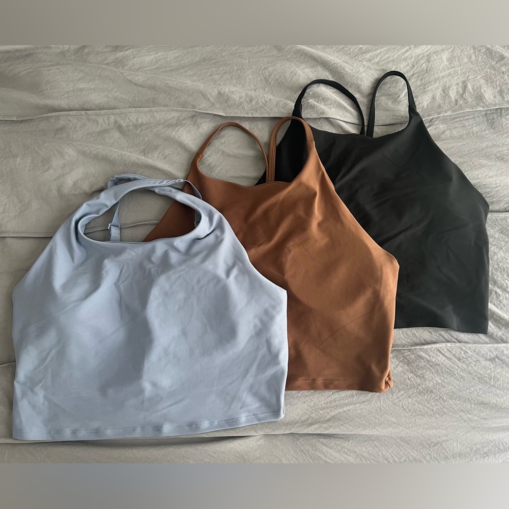 Set of Three Active Wear Crop Tops in Black, Brown, + Light Blue (built in bra)